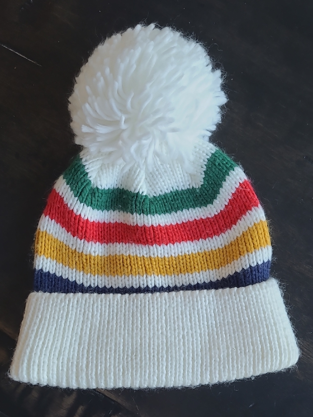 The Bay Stripes Kids White Beanie with Green, Red, Yellow & Navy Stripes